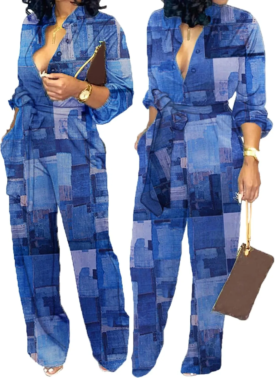 SeNight Women's Jumpsuits Elegant Business Casual Button Down V Neck Long Sleeve Strap Straight Long Pants With Pockets