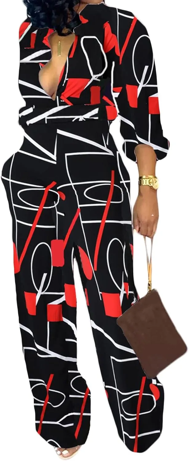 SeNight Women's Jumpsuits Elegant Business Casual Button Down V Neck Long Sleeve Strap Straight Long Pants With Pockets