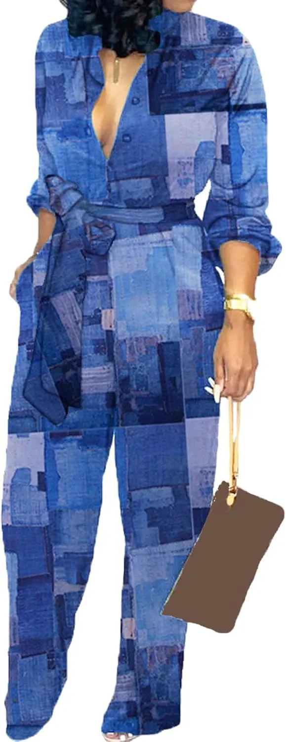 SeNight Women's Jumpsuits Elegant Business Casual Button Down V Neck Long Sleeve Strap Straight Long Pants With Pockets