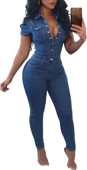 Sexyshine Women's Sexy Button Down Slim Fit Denim Long Jumpsuit Playsuit Lapel Full length Jeans Rompers Overalls