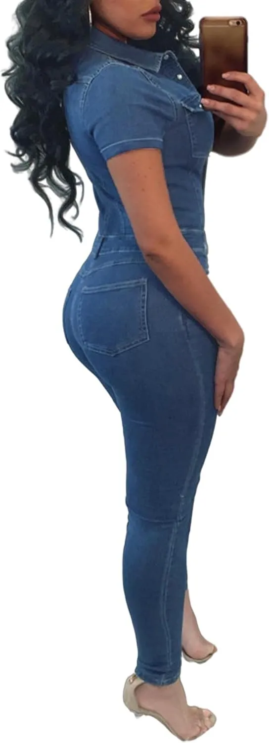 Sexyshine Women's Sexy Button Down Slim Fit Denim Long Jumpsuit Playsuit Lapel Full length Jeans Rompers Overalls
