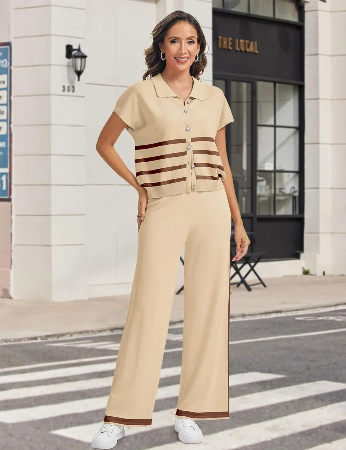 SHESHOW Lounge Sets for Women Stripe Knit Cap Sleeve Lapel Button Down Top and Wide Leg Pants 2 Piece Outfits S-XXL