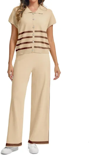 SHESHOW Lounge Sets for Women Stripe Knit Cap Sleeve Lapel Button Down Top and Wide Leg Pants 2 Piece Outfits S-XXL
