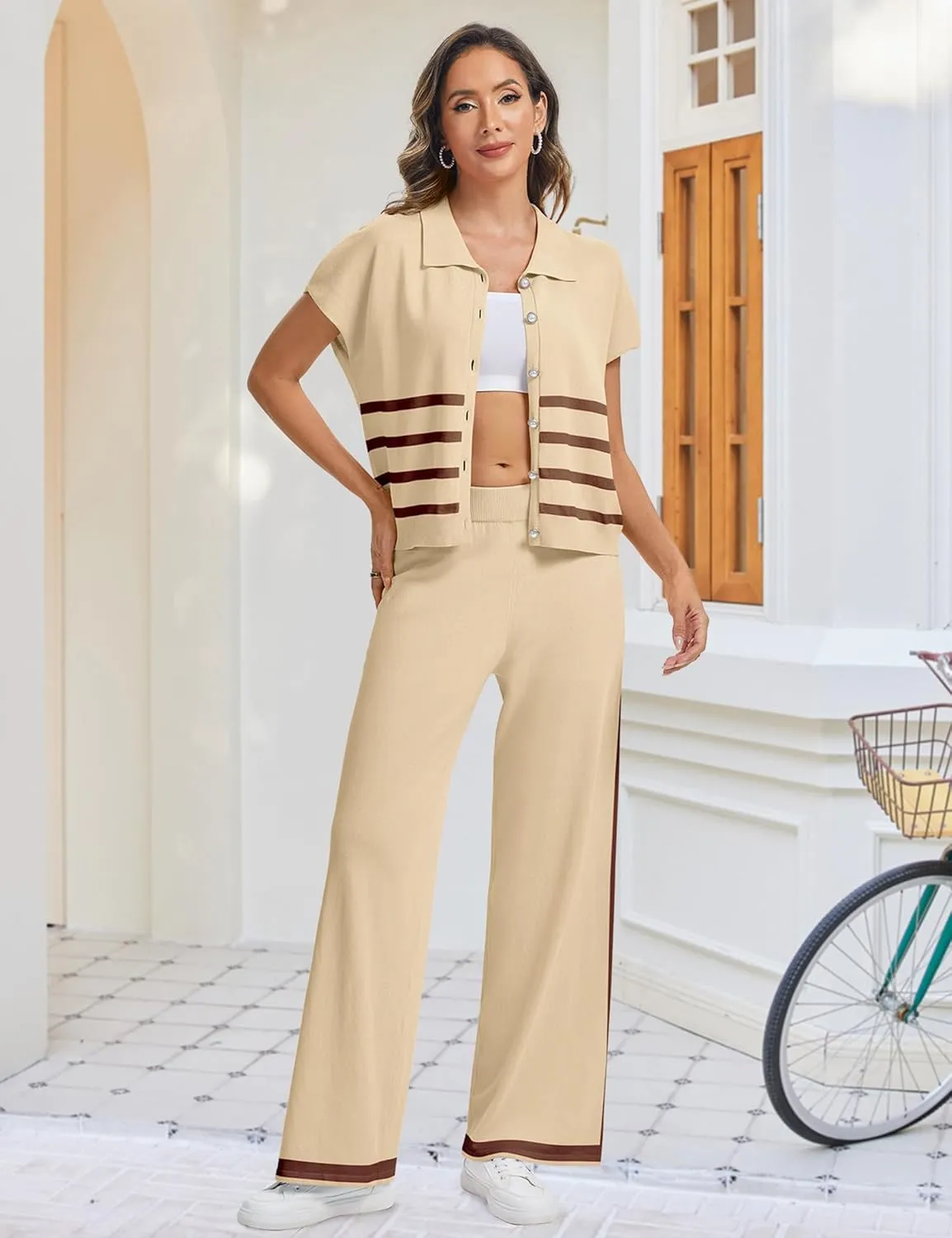 SHESHOW Lounge Sets for Women Stripe Knit Cap Sleeve Lapel Button Down Top and Wide Leg Pants 2 Piece Outfits S-XXL