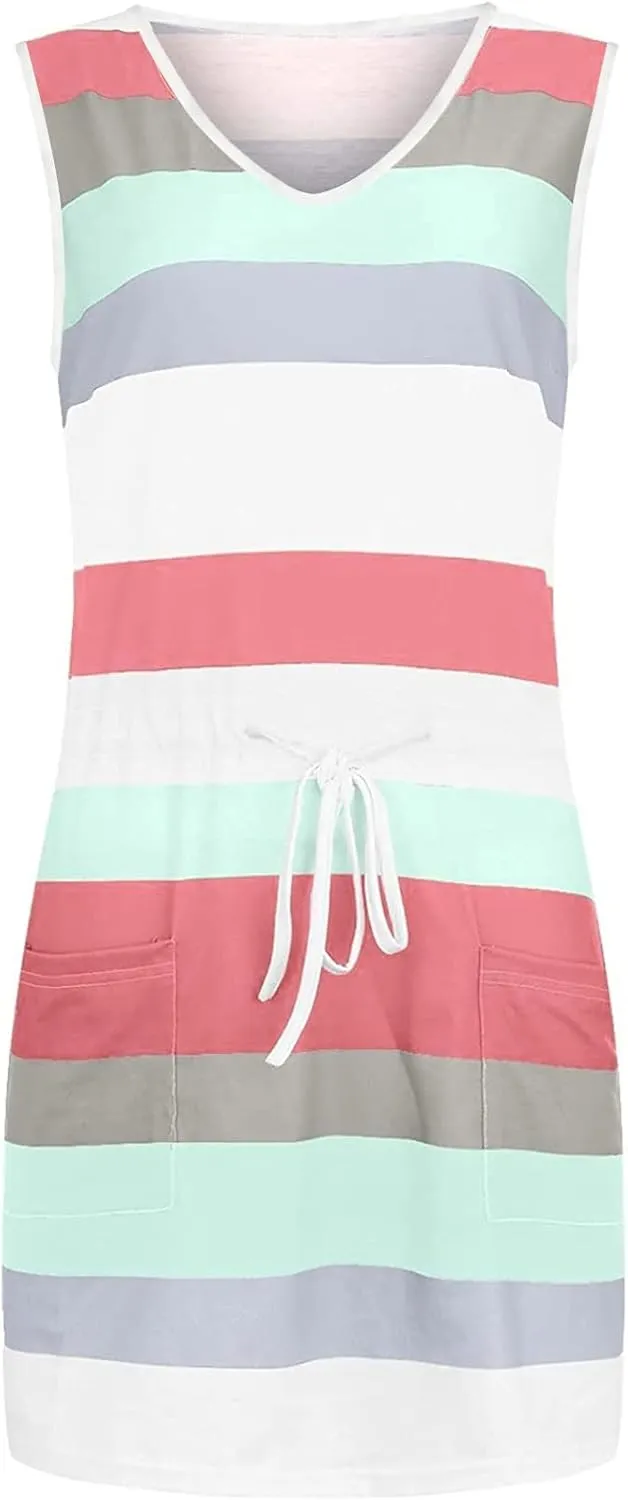 Slimming Dresses for Curvy Women Causal Summer 2024 Sleeveless Tank Dress Sexy v Neck Striped Mini Dress with Pockets