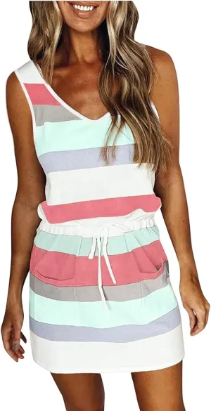 Slimming Dresses for Curvy Women Causal Summer 2024 Sleeveless Tank Dress Sexy v Neck Striped Mini Dress with Pockets
