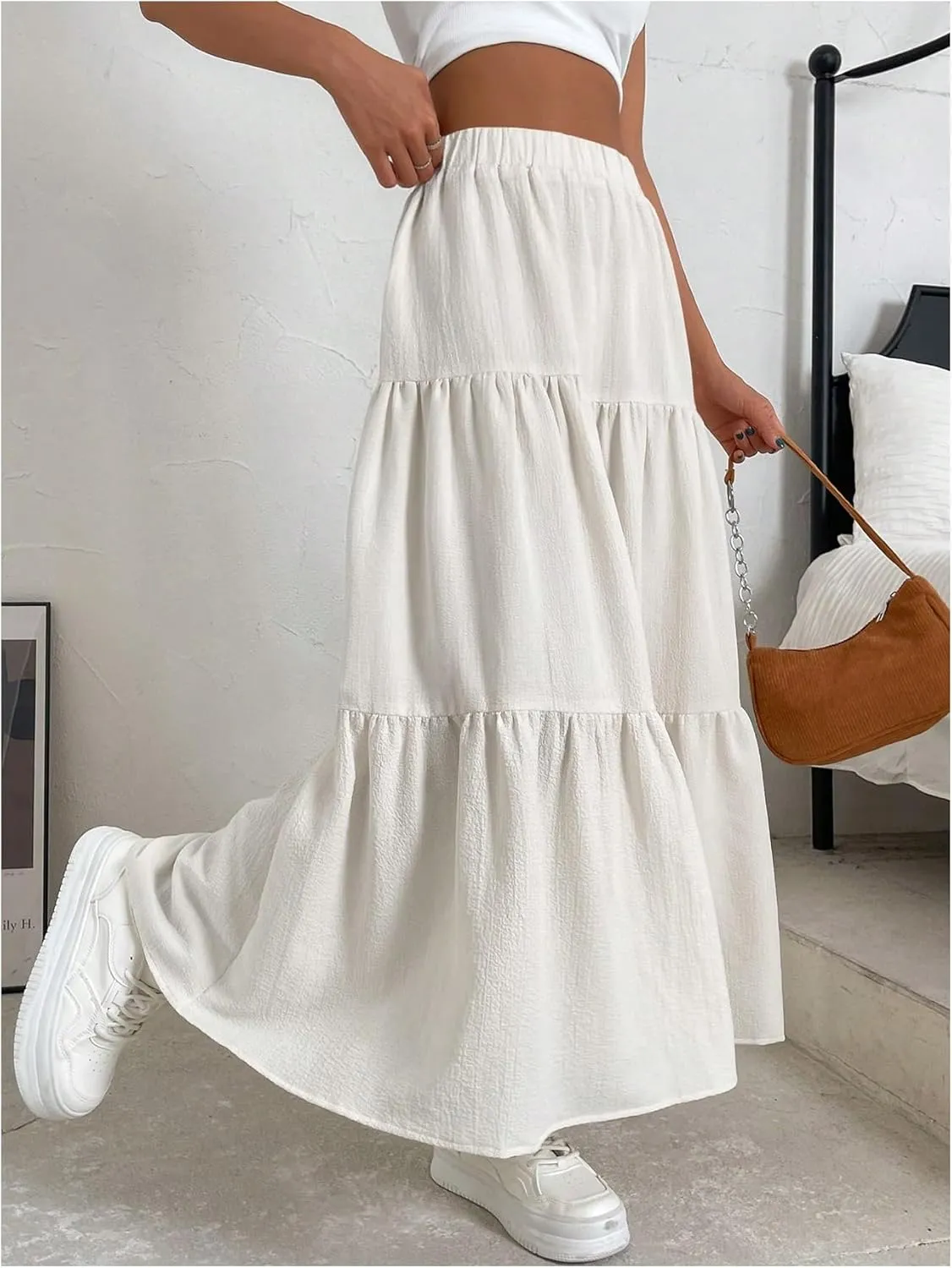 SOLY HUX Women's Maxi Skirt Elastic High Waist Ruffle Hem Casual Long Skirts