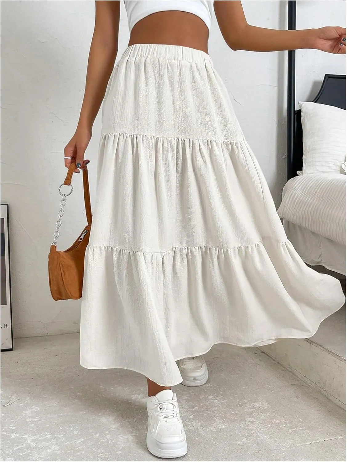 SOLY HUX Women's Maxi Skirt Elastic High Waist Ruffle Hem Casual Long Skirts