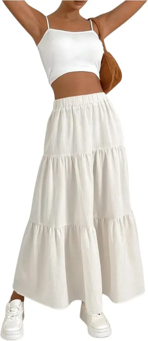 SOLY HUX Women's Maxi Skirt Elastic High Waist Ruffle Hem Casual Long Skirts