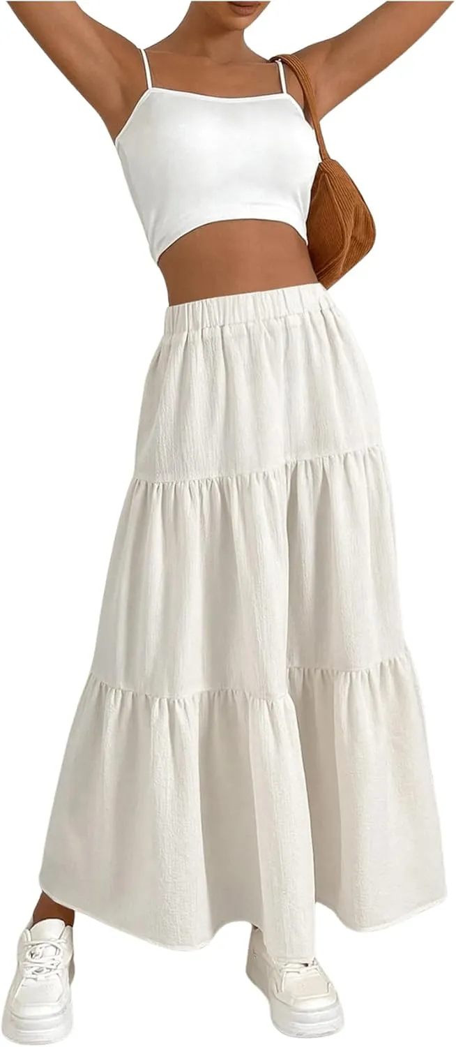 SOLY HUX Women's Maxi Skirt Elastic High Waist Ruffle Hem Casual Long Skirts