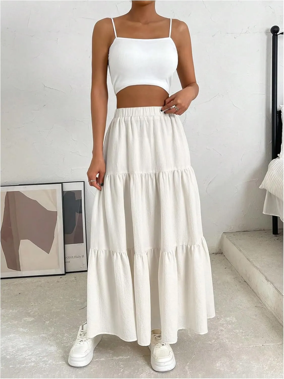 SOLY HUX Women's Maxi Skirt Elastic High Waist Ruffle Hem Casual Long Skirts
