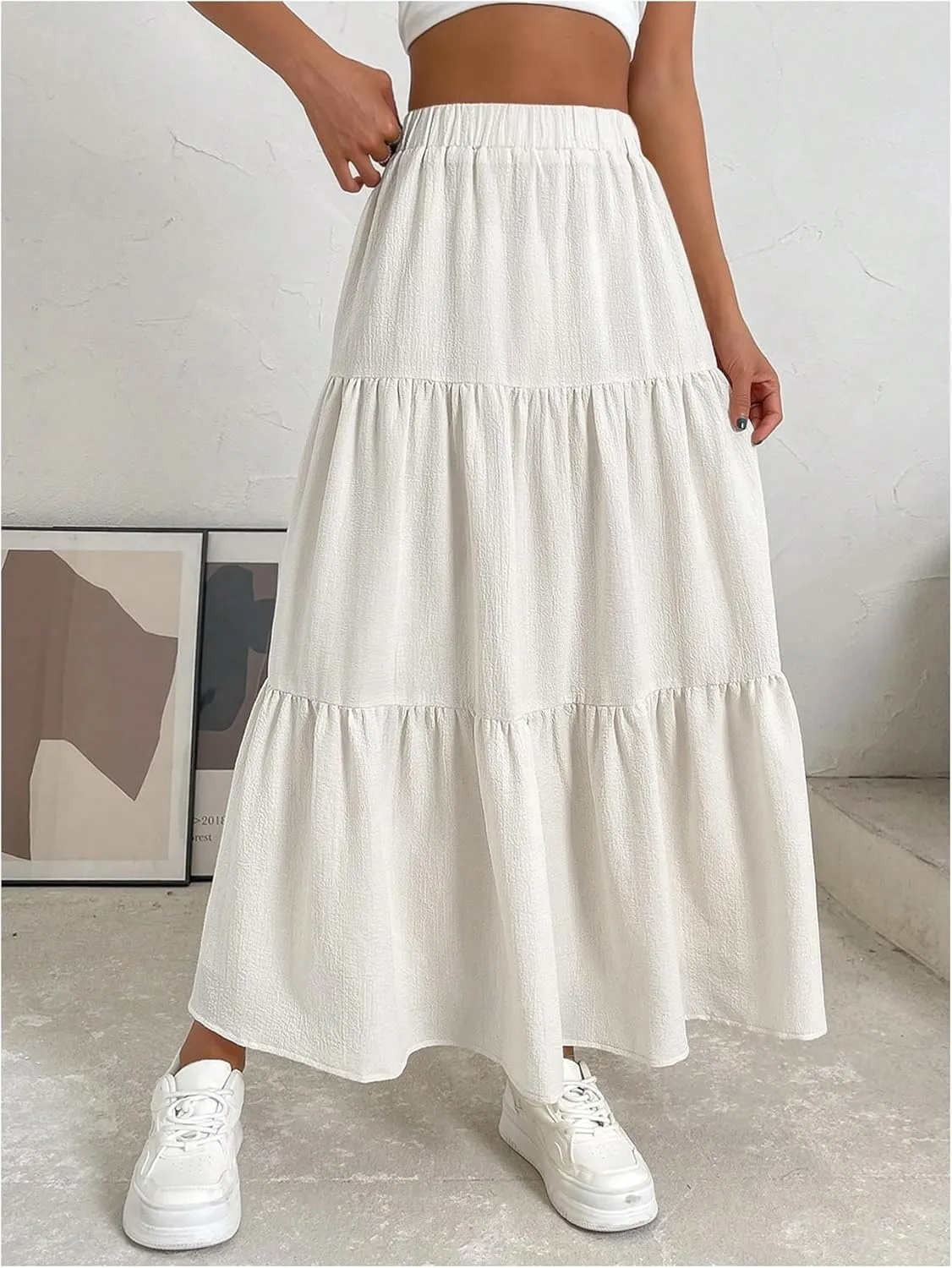 SOLY HUX Women's Maxi Skirt Elastic High Waist Ruffle Hem Casual Long Skirts