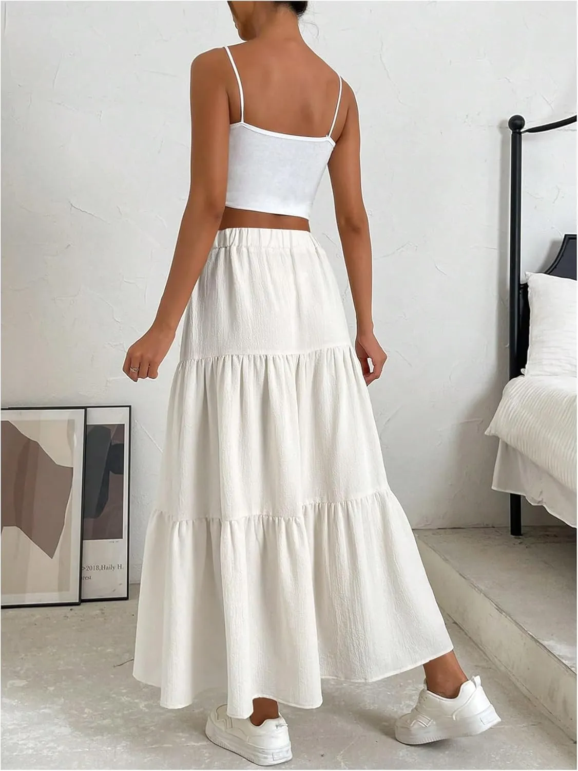 SOLY HUX Women's Maxi Skirt Elastic High Waist Ruffle Hem Casual Long Skirts