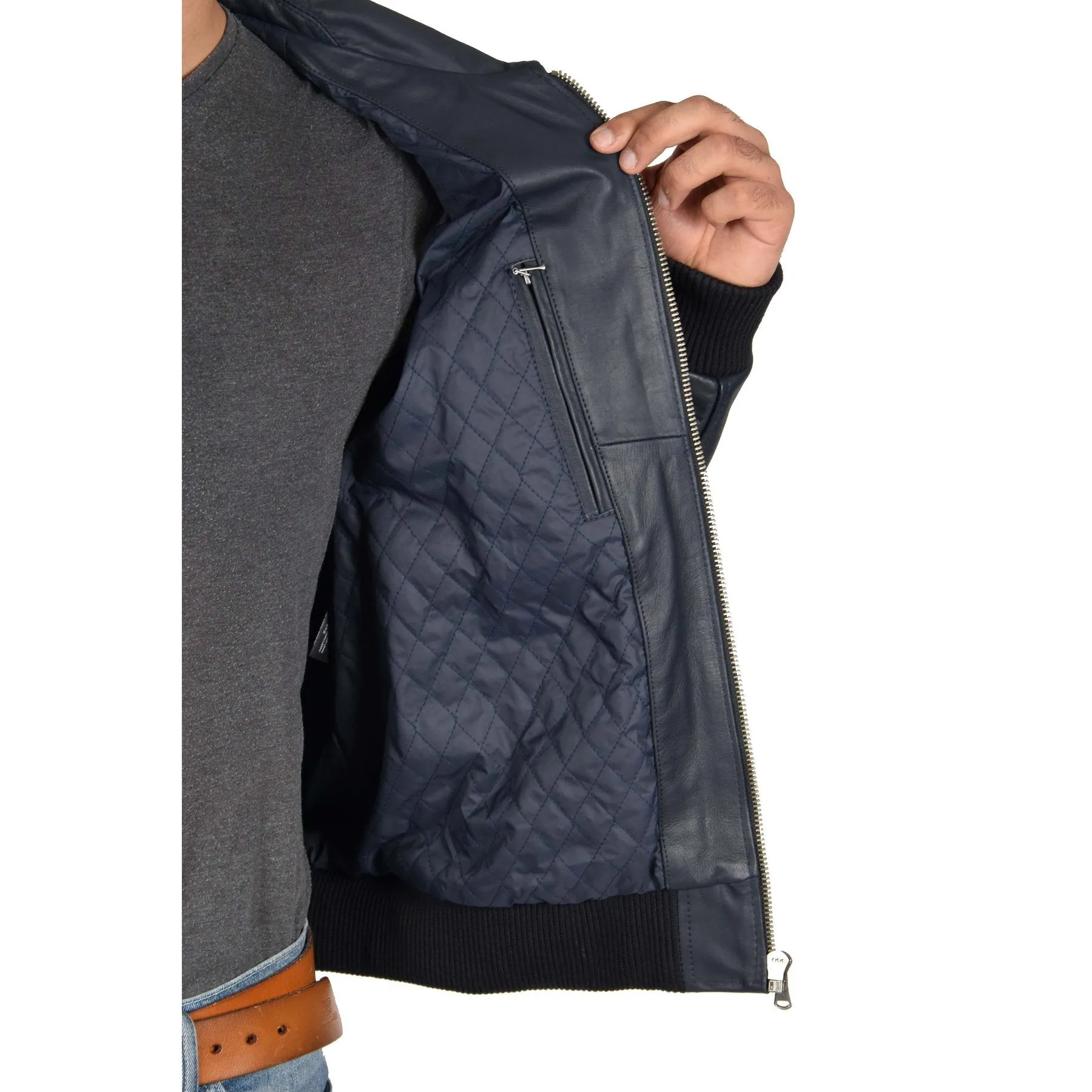 Spine Spark Men's Navy Blue Bomber Pilot Style Leather Jacket