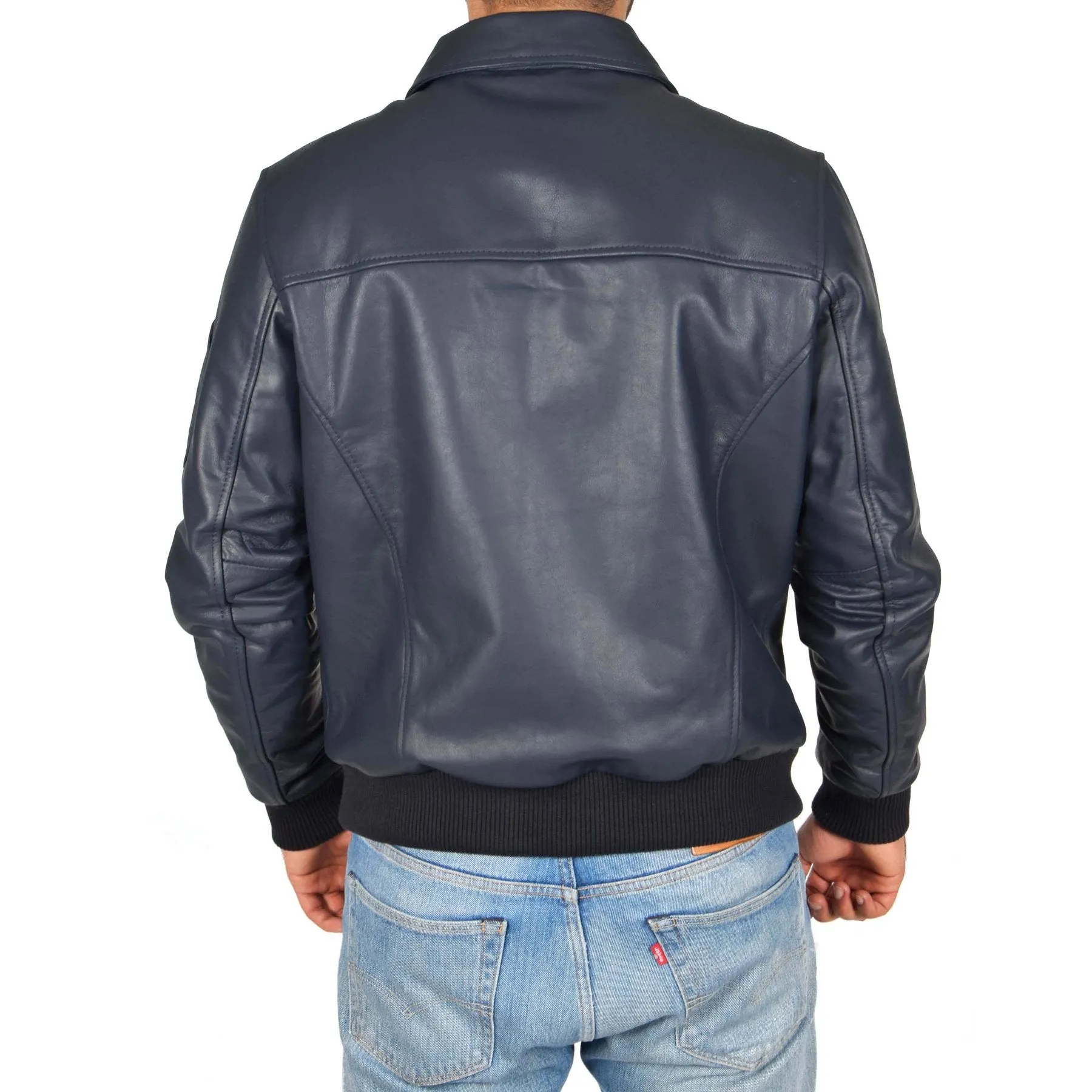 Spine Spark Men's Navy Blue Bomber Pilot Style Leather Jacket