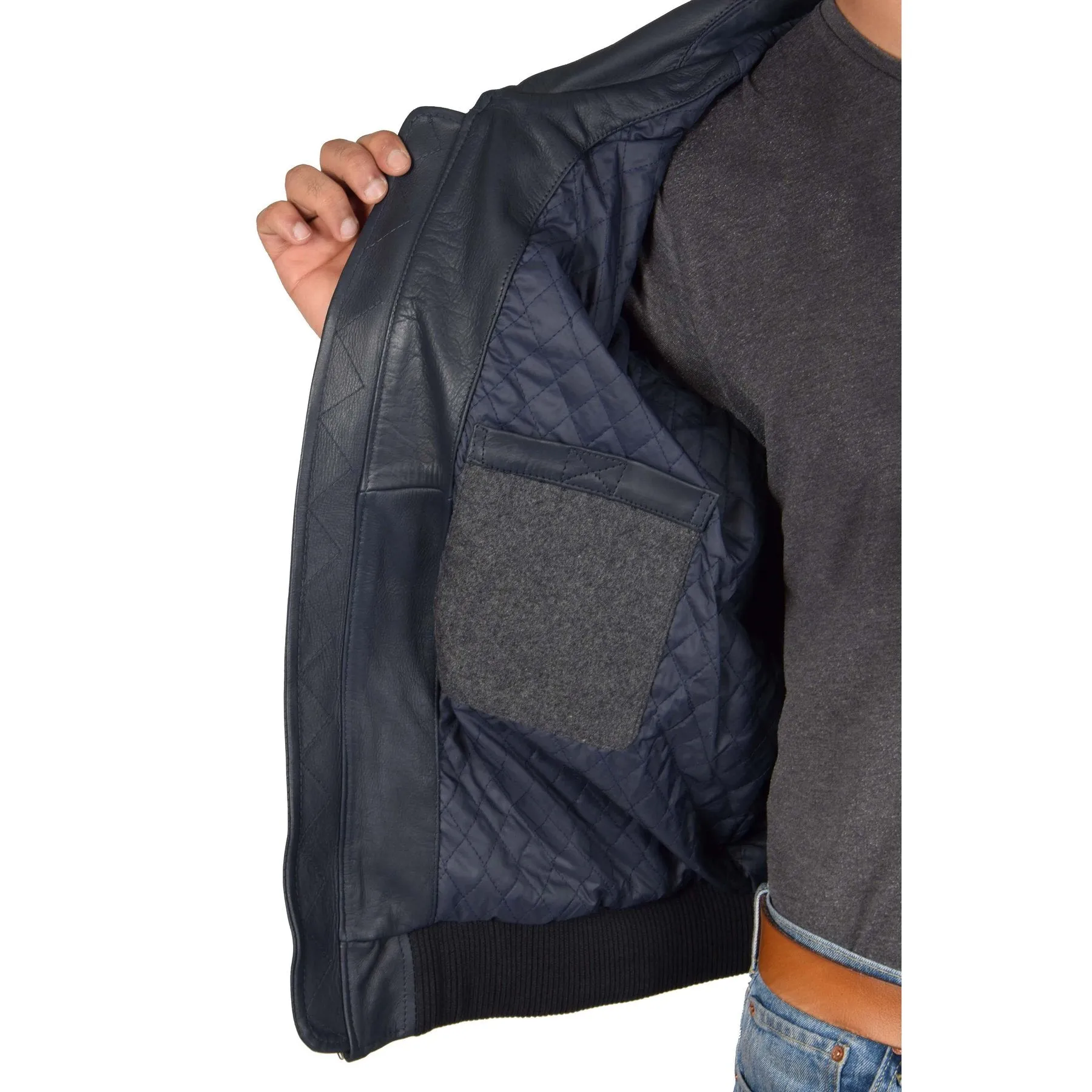 Spine Spark Men's Navy Blue Bomber Pilot Style Leather Jacket