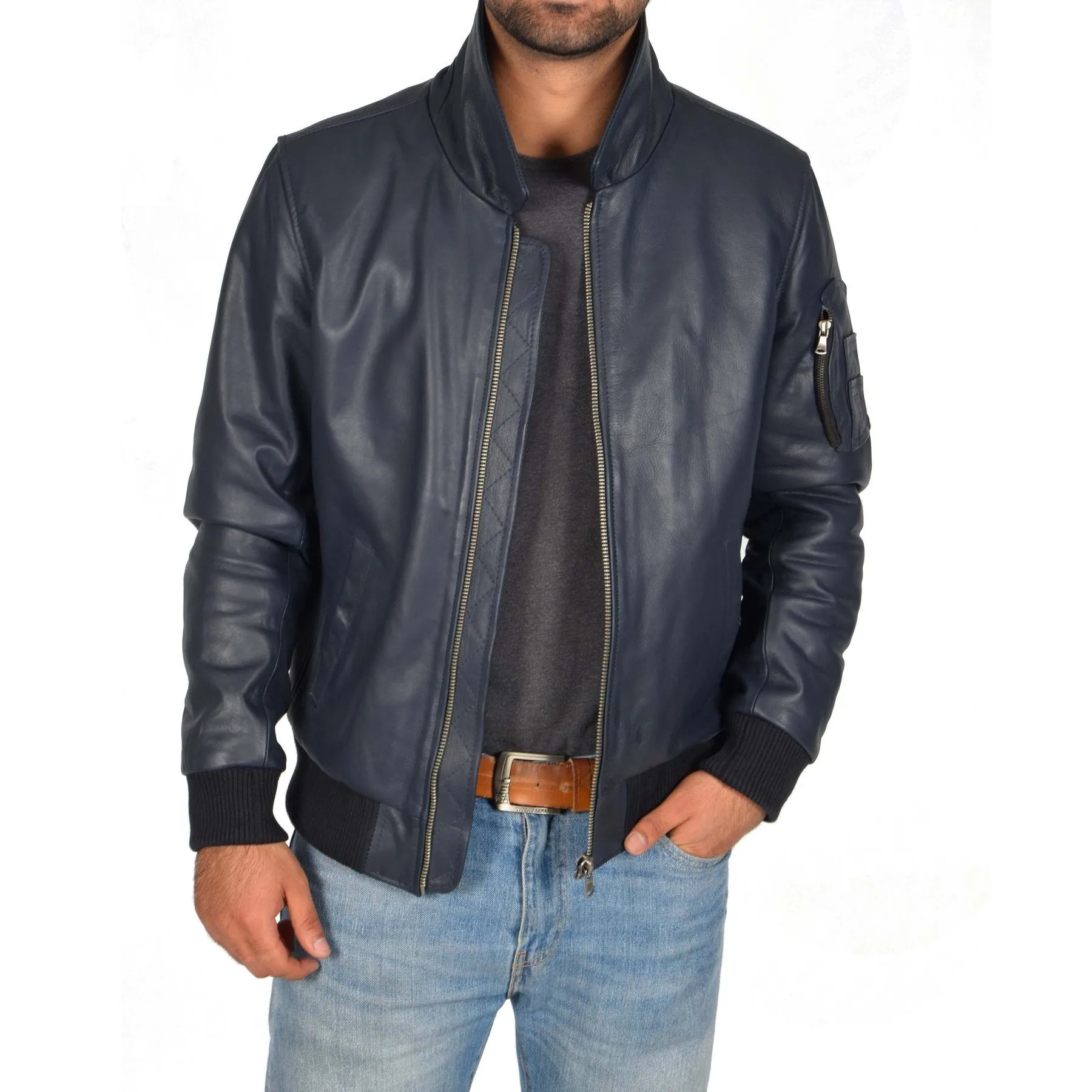 Spine Spark Men's Navy Blue Bomber Pilot Style Leather Jacket