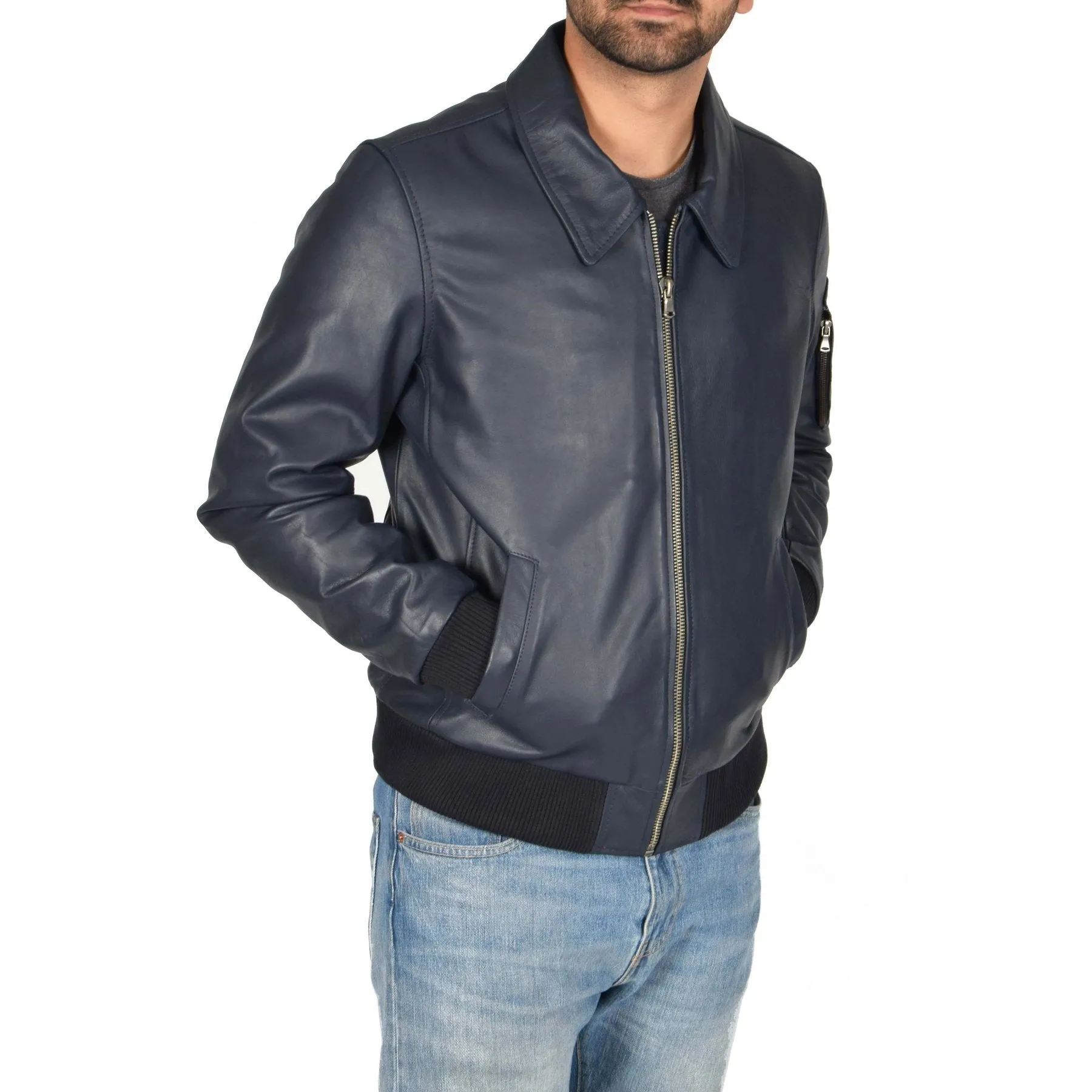Spine Spark Men's Navy Blue Bomber Pilot Style Leather Jacket