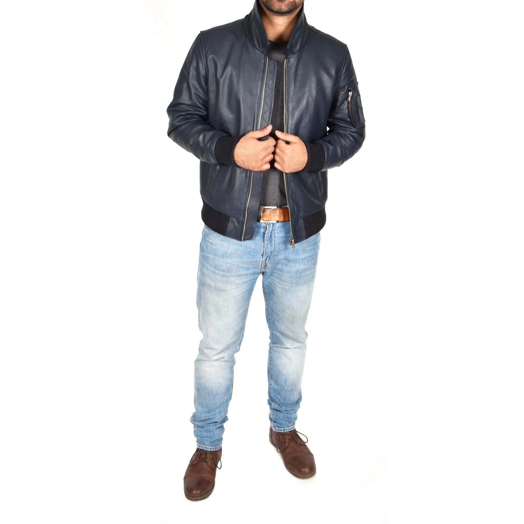 Spine Spark Men's Navy Blue Bomber Pilot Style Leather Jacket