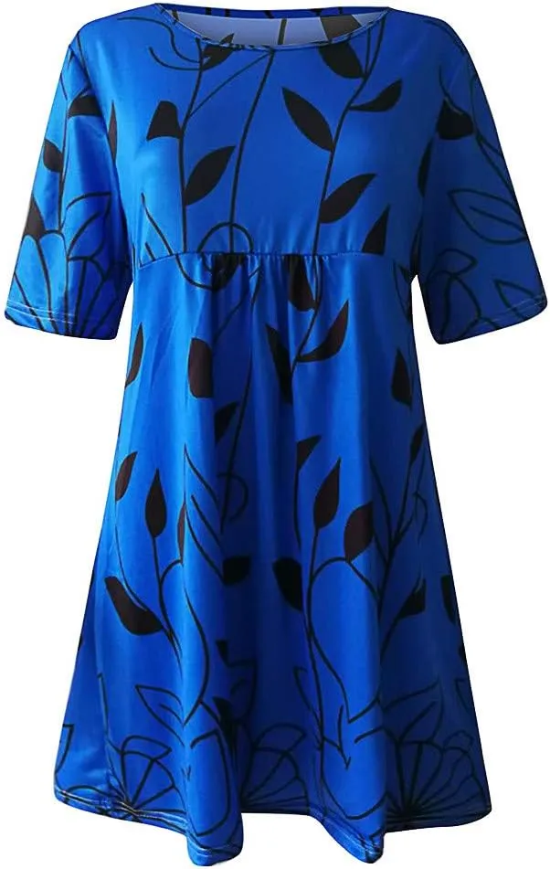 Summer Dresses for Women 2024 Casual High Waist Loose Crewneck Floral Sundress Short Sleeve Flowy Ruffle Mini Dress