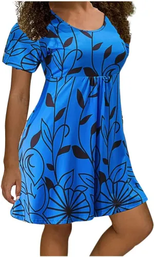 Summer Dresses for Women 2024 Casual High Waist Loose Crewneck Floral Sundress Short Sleeve Flowy Ruffle Mini Dress