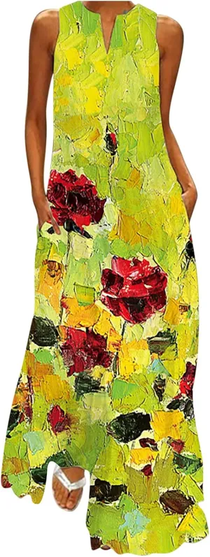 Summer Dresses for Women 2024 Casual Loose Sundress Sleeveless Floral Print Maxi Dresses V Neck Beach Dress