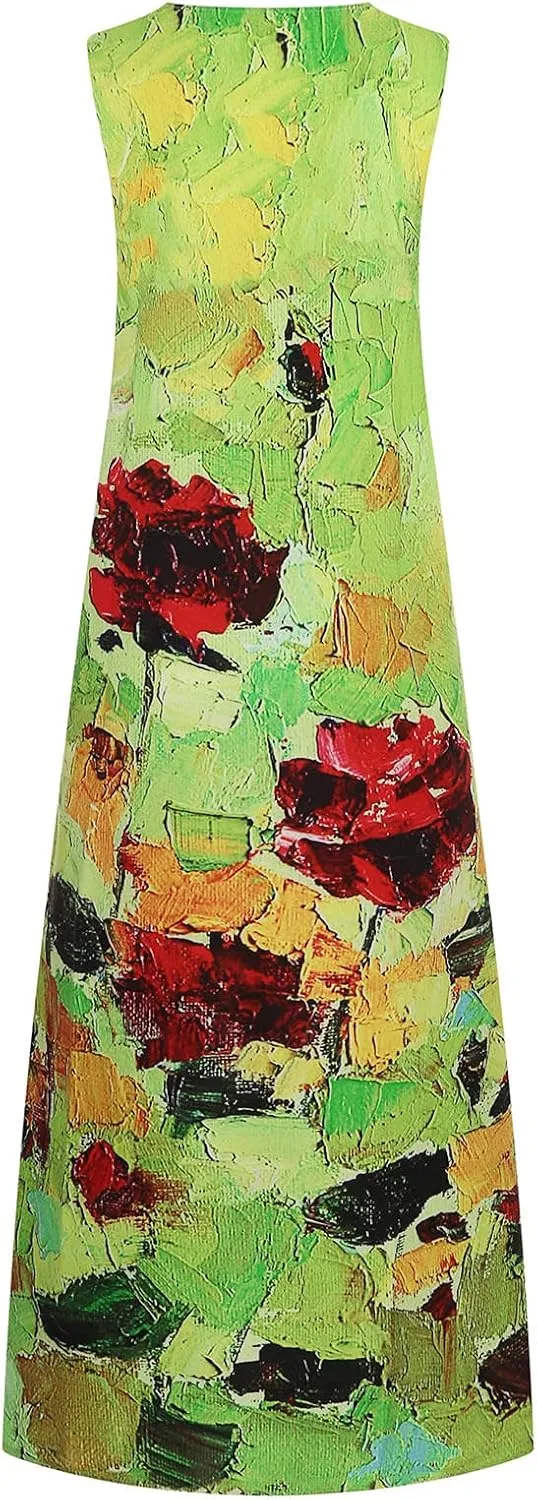 Summer Dresses for Women 2024 Casual Loose Sundress Sleeveless Floral Print Maxi Dresses V Neck Beach Dress