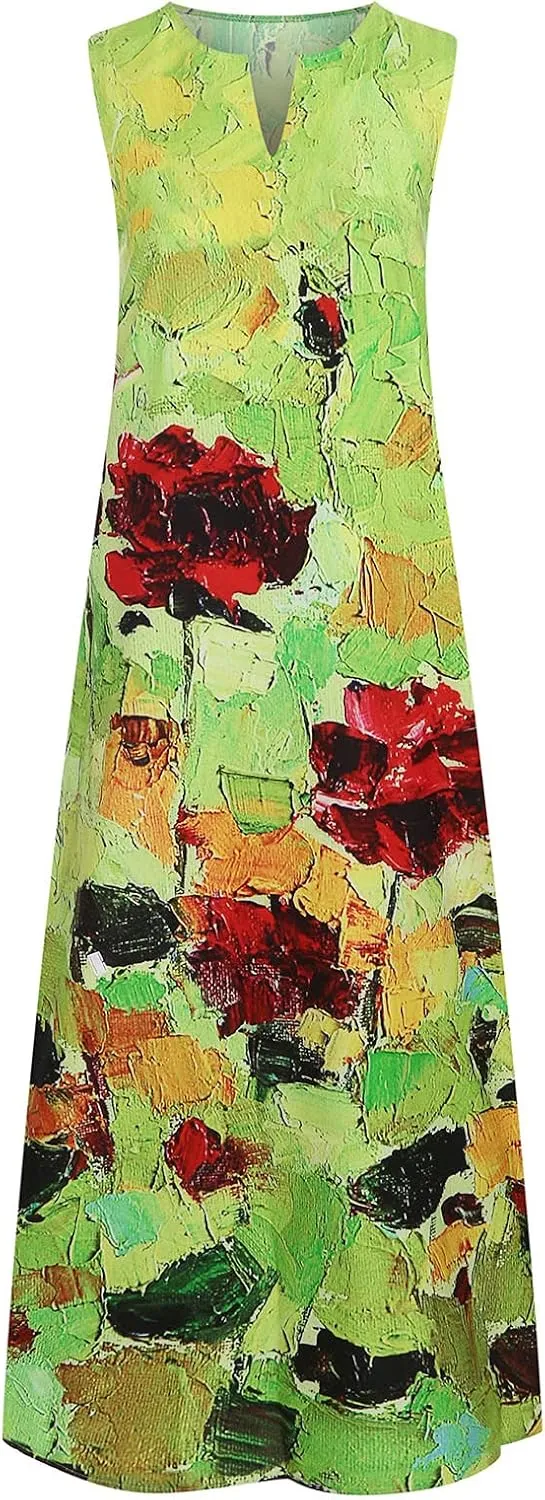 Summer Dresses for Women 2024 Casual Loose Sundress Sleeveless Floral Print Maxi Dresses V Neck Beach Dress
