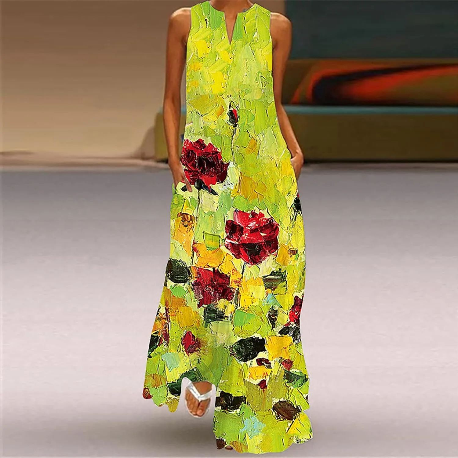 Summer Dresses for Women 2024 Casual Loose Sundress Sleeveless Floral Print Maxi Dresses V Neck Beach Dress