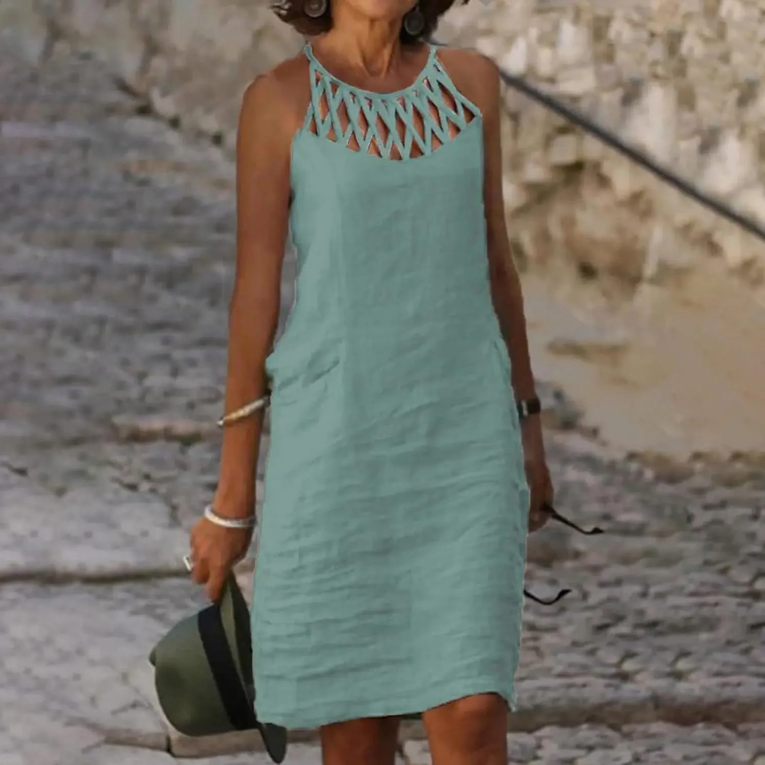 Summer Dresses for Women 2025 Casual Trendy Hollow Out Halter Neck A-line Sundress Beach Vacation Outfits Midi Dress