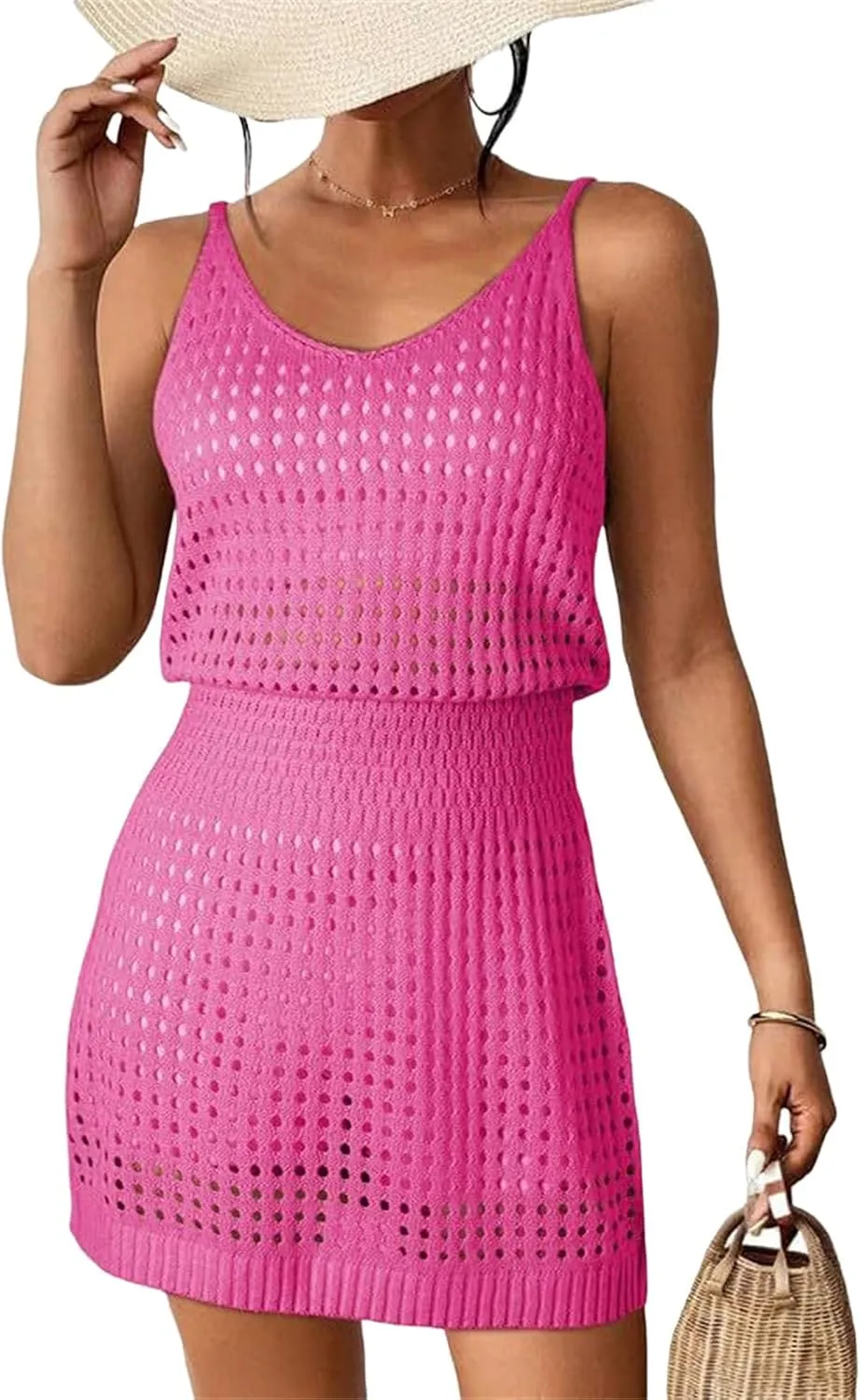 Summer Dresses for Women Crochet Hollow Out Knit Dress Cover Up Cruise Bathing Swimsuits Sleeveless Pullover Dress