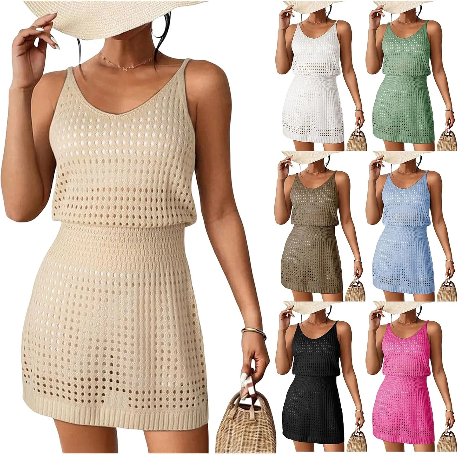 Summer Dresses for Women Crochet Hollow Out Knit Dress Cover Up Cruise Bathing Swimsuits Sleeveless Pullover Dress