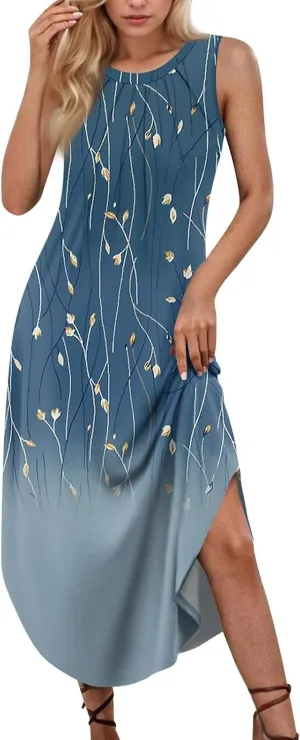 Summer Dresses for Women Loose Sundresses printedFlowy Tshirt Tank Dresses Casual Sleeveless Maxi Long Dress with Pockets