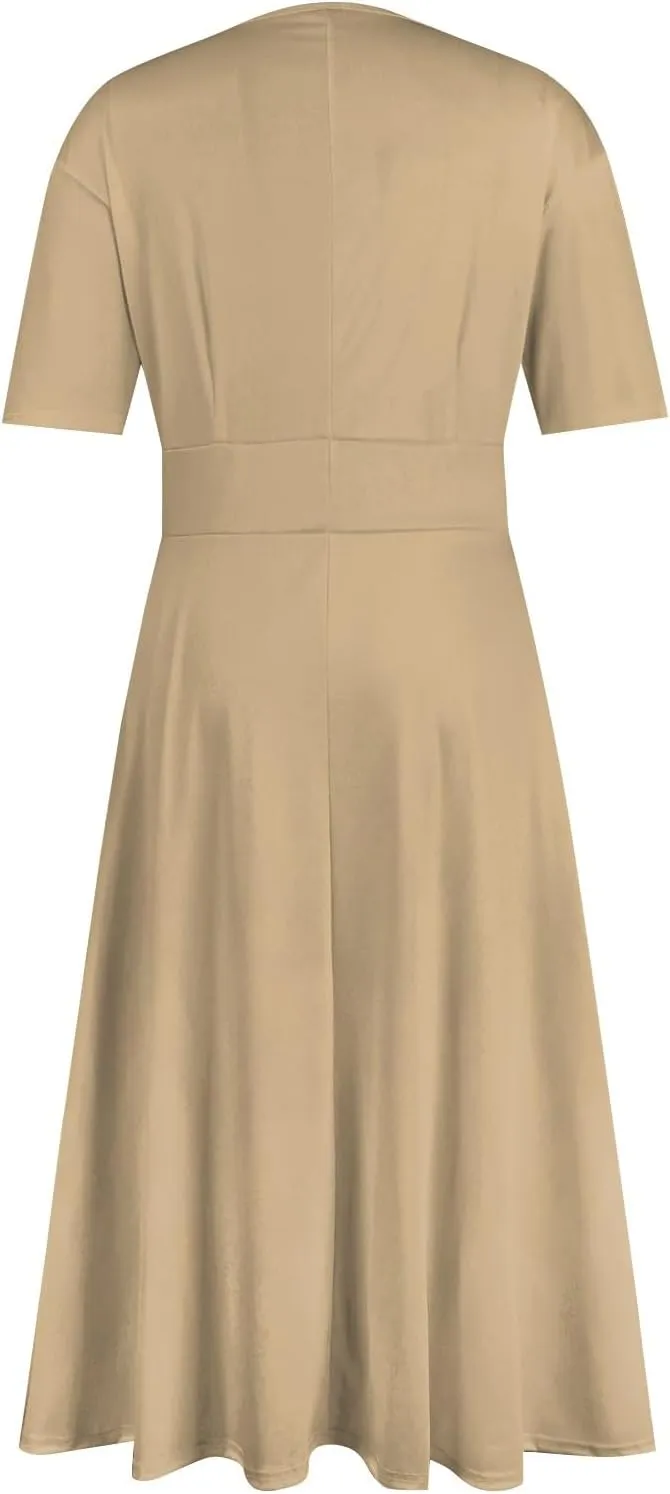 Summer Dresses for Women Summer Beach V Neck Short Sleeve Dress Solid Color Aline Tshirt Dress Casual Flowy Midi Dresses
