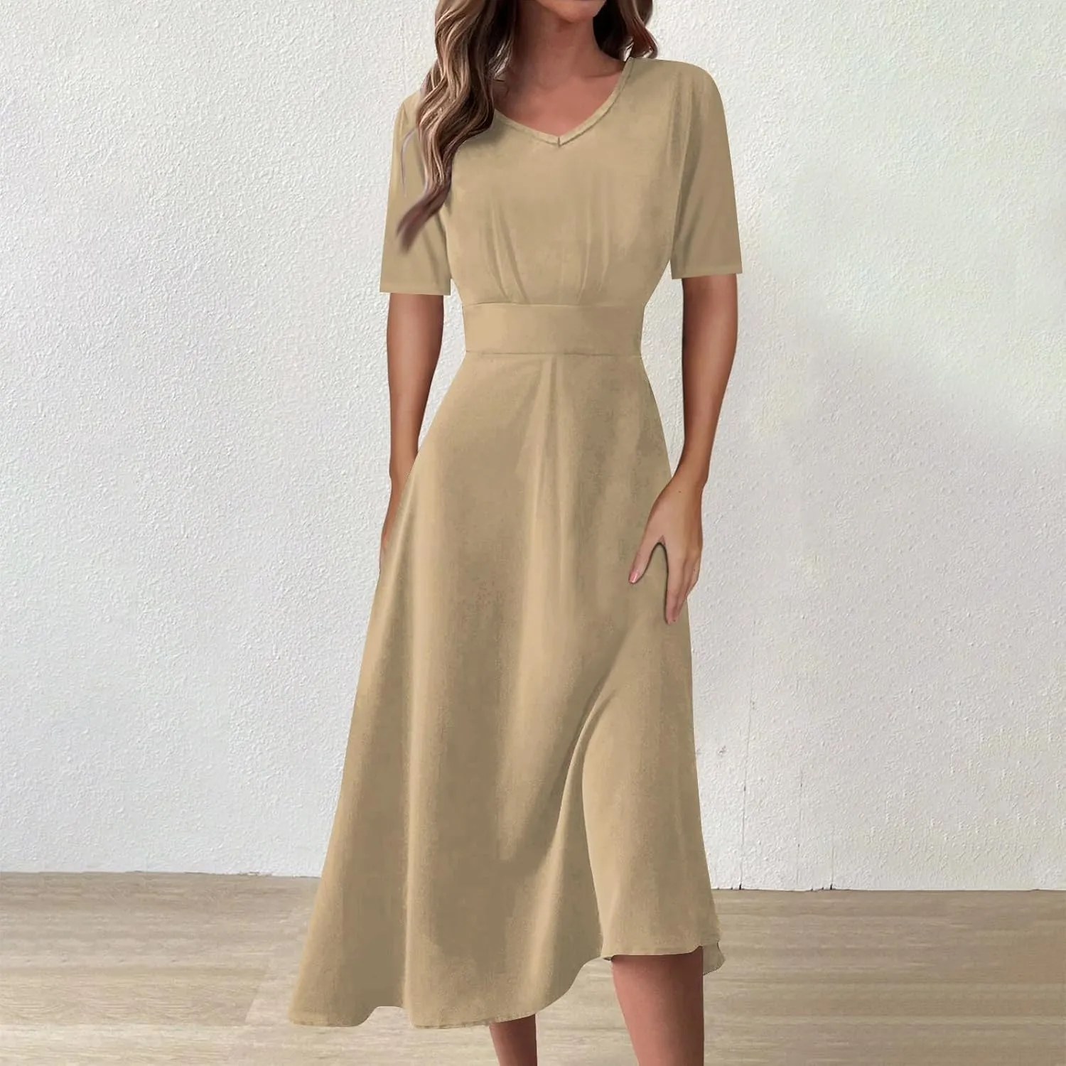 Summer Dresses for Women Summer Beach V Neck Short Sleeve Dress Solid Color Aline Tshirt Dress Casual Flowy Midi Dresses