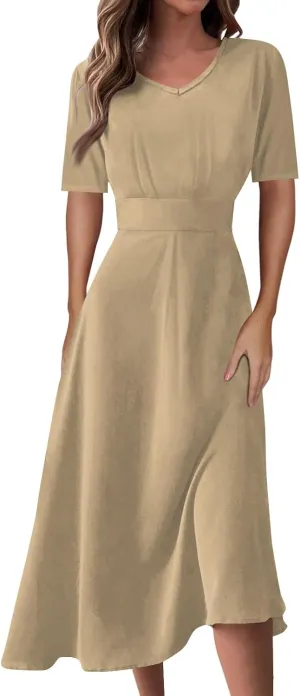 Summer Dresses for Women Summer Beach V Neck Short Sleeve Dress Solid Color Aline Tshirt Dress Casual Flowy Midi Dresses