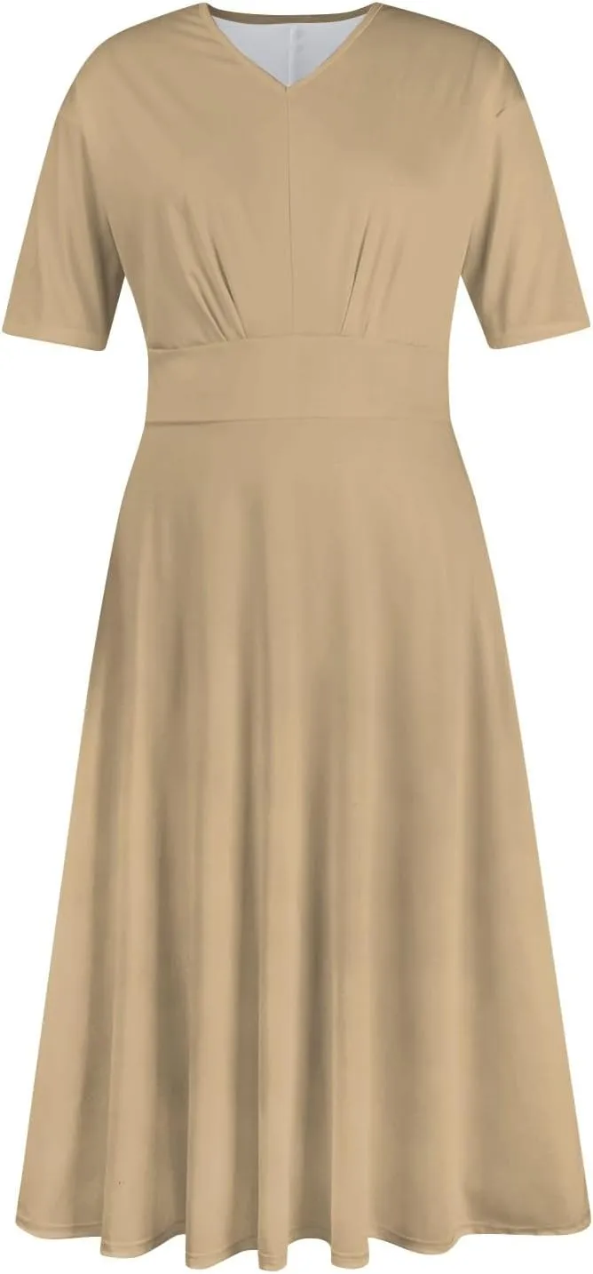 Summer Dresses for Women Summer Beach V Neck Short Sleeve Dress Solid Color Aline Tshirt Dress Casual Flowy Midi Dresses