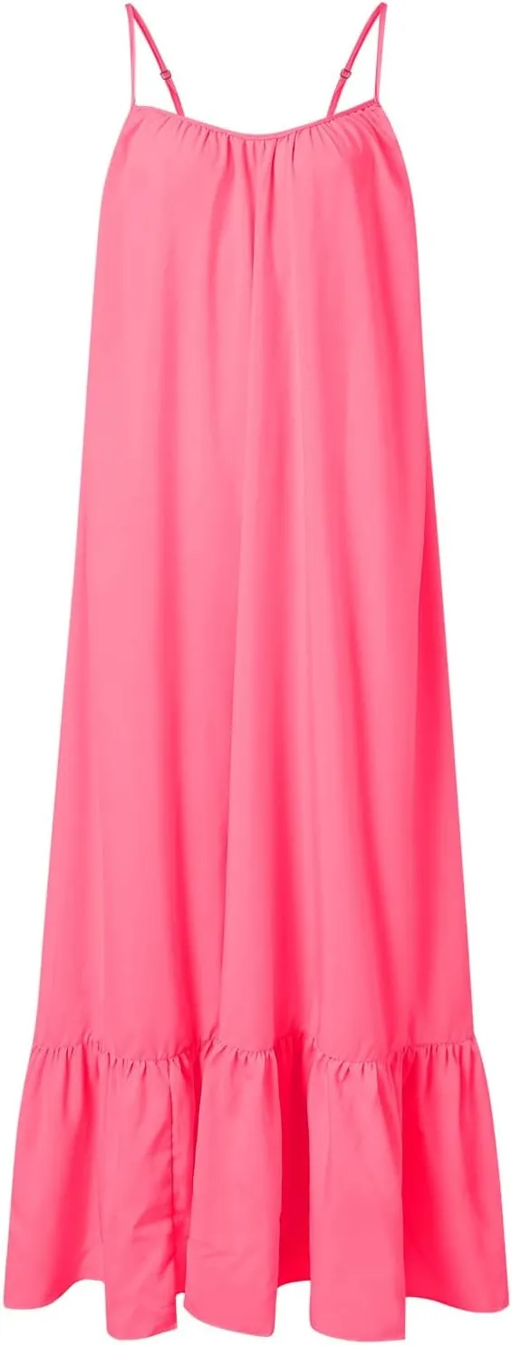 Summer Maxi Dresses for Women 2025 Plus Size Pleated Beach Vacation Dress Spaghetti Strap Ruffle Tiered Swing Sundress