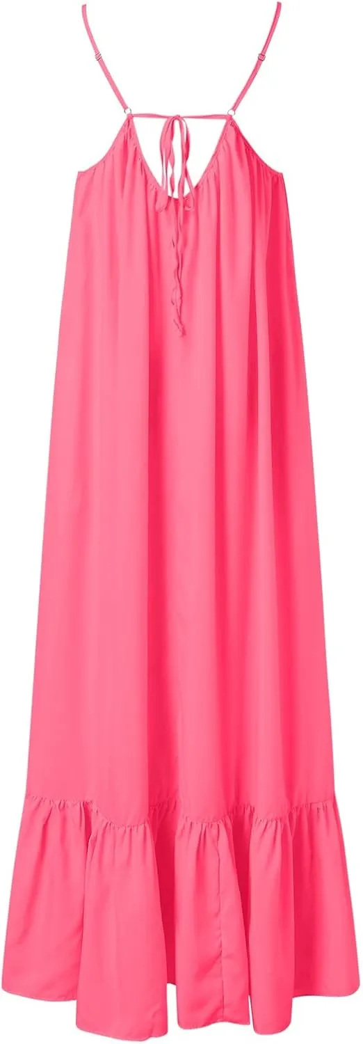Summer Maxi Dresses for Women 2025 Plus Size Pleated Beach Vacation Dress Spaghetti Strap Ruffle Tiered Swing Sundress