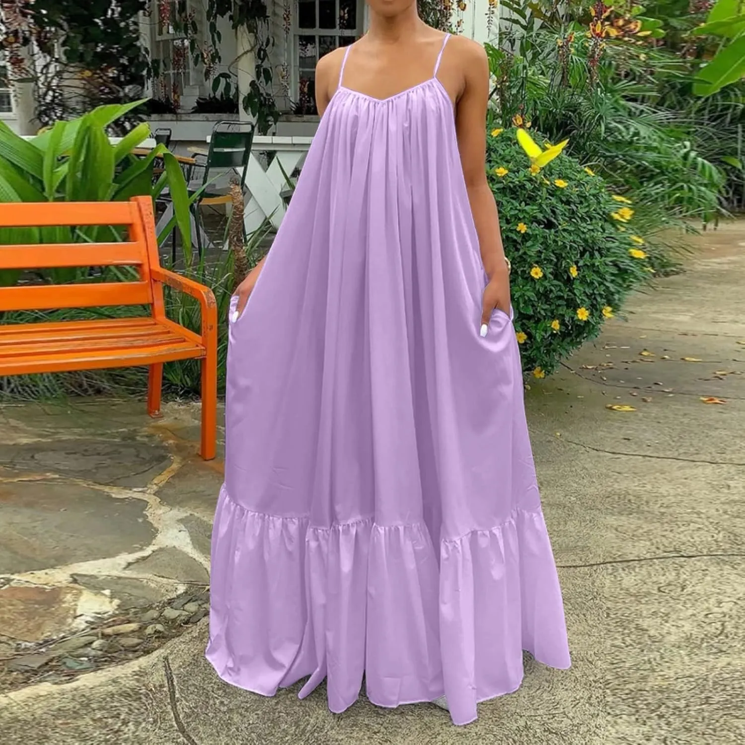 Summer Maxi Dresses for Women 2025 Plus Size Pleated Beach Vacation Dress Spaghetti Strap Ruffle Tiered Swing Sundress
