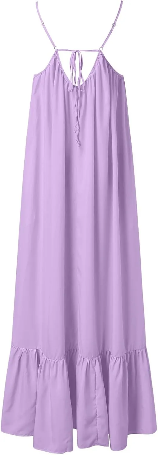 Summer Maxi Dresses for Women 2025 Plus Size Pleated Beach Vacation Dress Spaghetti Strap Ruffle Tiered Swing Sundress