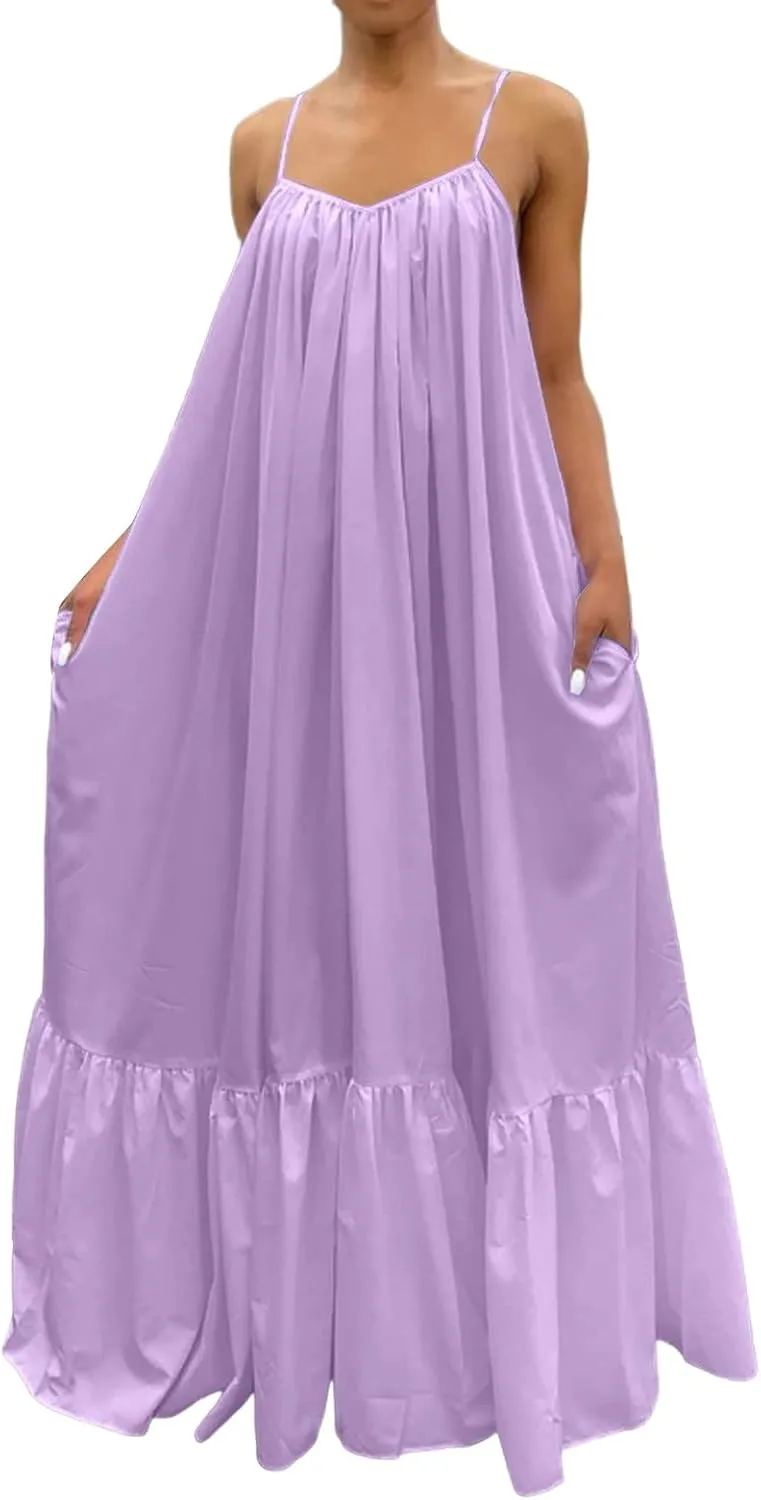 Summer Maxi Dresses for Women 2025 Plus Size Pleated Beach Vacation Dress Spaghetti Strap Ruffle Tiered Swing Sundress