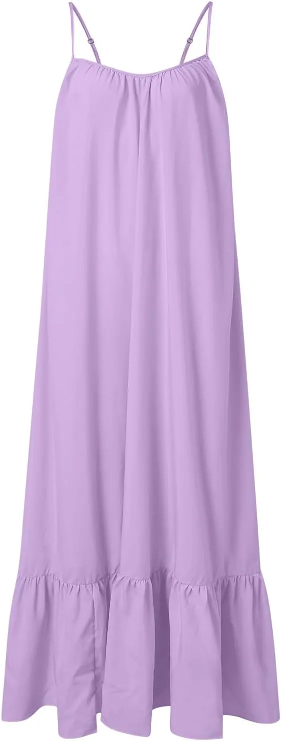 Summer Maxi Dresses for Women 2025 Plus Size Pleated Beach Vacation Dress Spaghetti Strap Ruffle Tiered Swing Sundress