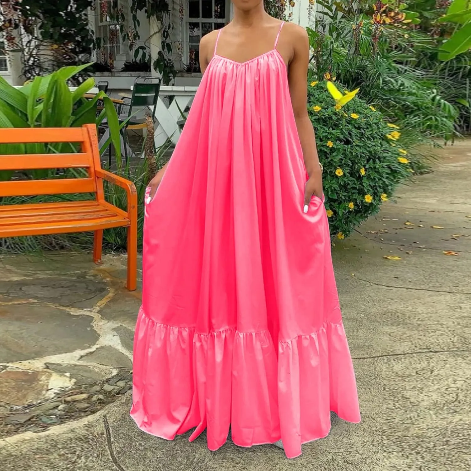 Summer Maxi Dresses for Women 2025 Plus Size Pleated Beach Vacation Dress Spaghetti Strap Ruffle Tiered Swing Sundress