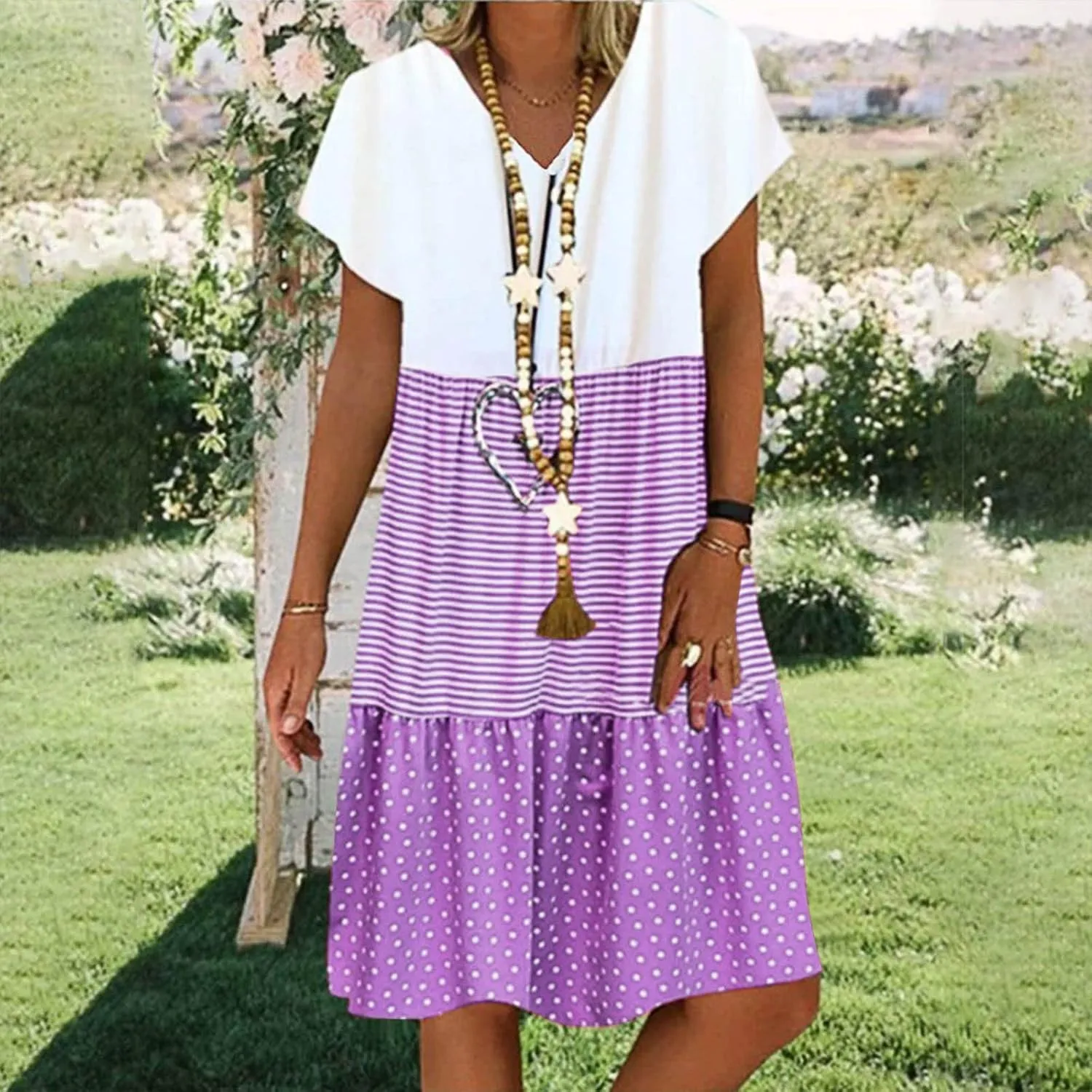 Summer Midi Dresses for Women Fashion 2024 Casual Short Sleeve v Neck Shirt Dress Color Block Swing Beach Sundresses
