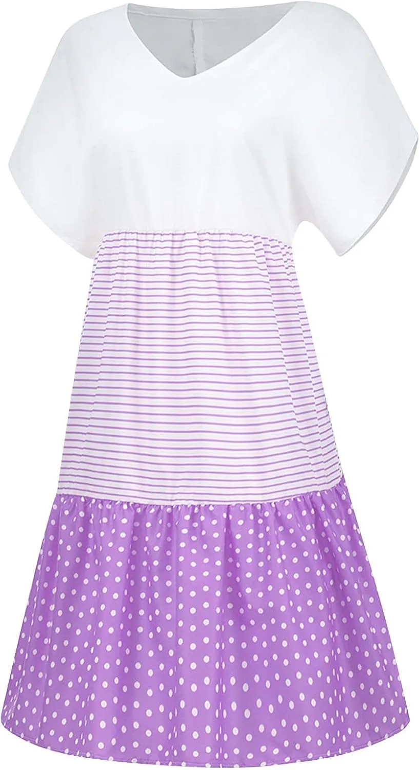 Summer Midi Dresses for Women Fashion 2024 Casual Short Sleeve v Neck Shirt Dress Color Block Swing Beach Sundresses