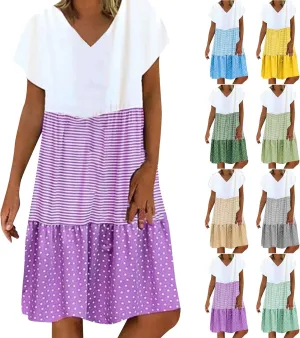 Summer Midi Dresses for Women Fashion 2024 Casual Short Sleeve v Neck Shirt Dress Color Block Swing Beach Sundresses