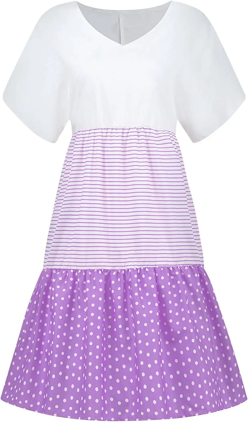 Summer Midi Dresses for Women Fashion 2024 Casual Short Sleeve v Neck Shirt Dress Color Block Swing Beach Sundresses