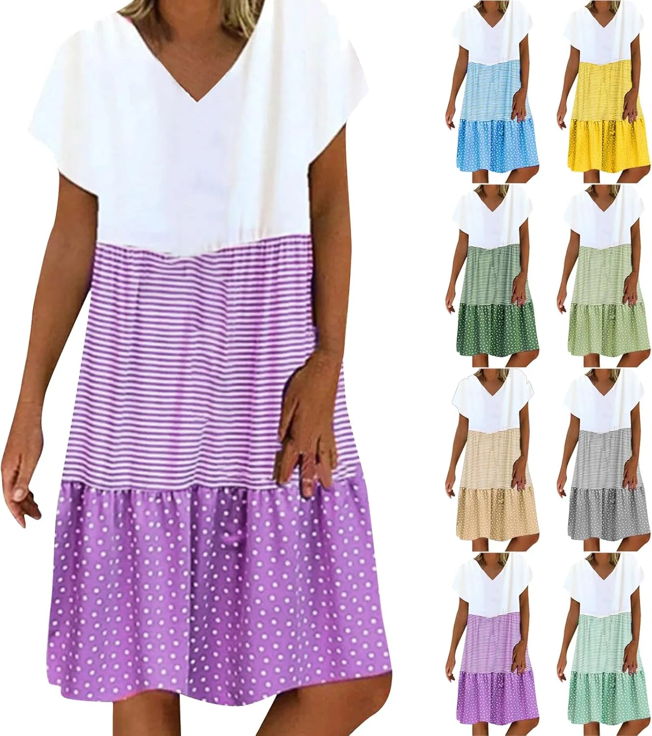 Summer Midi Dresses for Women Fashion 2024 Casual Short Sleeve v Neck Shirt Dress Color Block Swing Beach Sundresses
