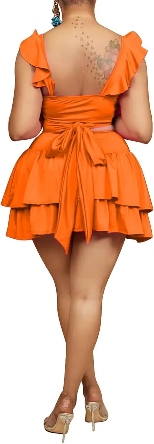 Summer Outfits for Women 2 Piece Set Casual Sleeveless Lace Up Crop Top Ruffle Mini Skirt Set
